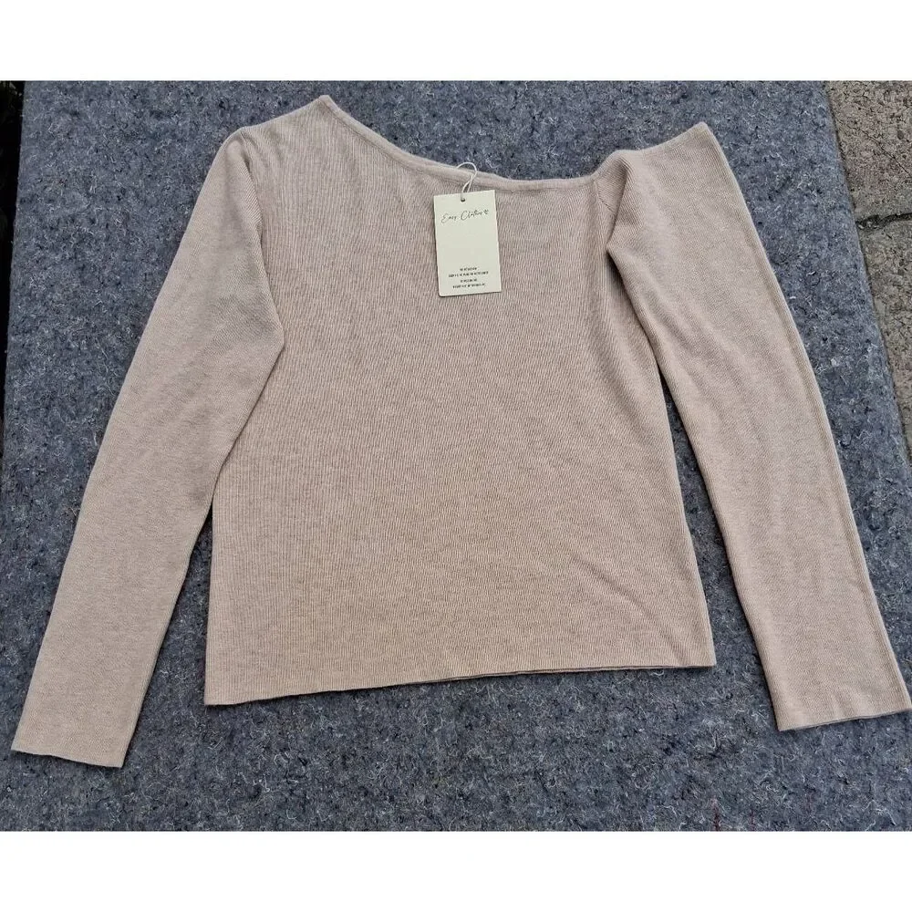 Easy clothes womens medium asymmetric off shoulder sweater tan nylon viscose
